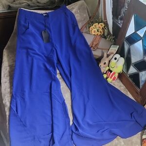 Chic Royal Blue Sheer Wide-Leg Pants; Stunning (Built In Shorts Liner)